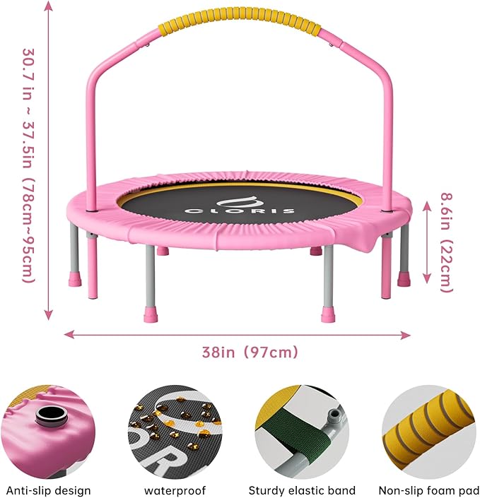 CLORIS 38in/48in Folding Trampoline - Max Load 220lbs / 450lbs Trampoline Rebounder Trampoline for Adults with Adjustable Foam Handle, with safty Padded Cover Best Gift