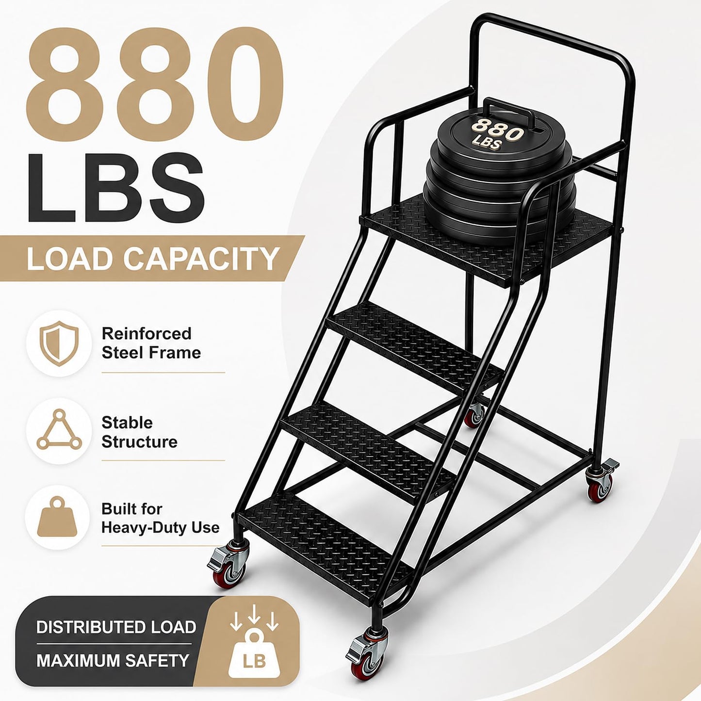 4 Step Rolling Ladder with Handrails, 880 lbs Capacity Heavy Duty Steel Mobile Warehouse Ladder with Locking Wheels, Non-Slip Rolling Stairs with Large Platform for Garage, Stockroom, Library