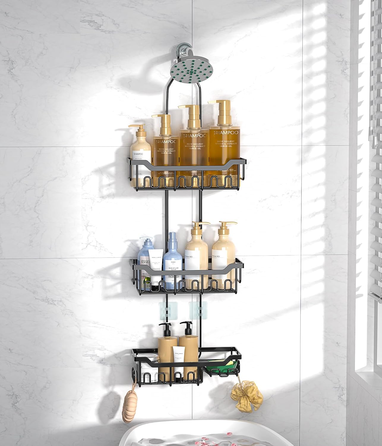 Skiennix Adjustable Shower Caddy - 3-Tier Hanging Organizer with Soap Holder | Extended Length, Black