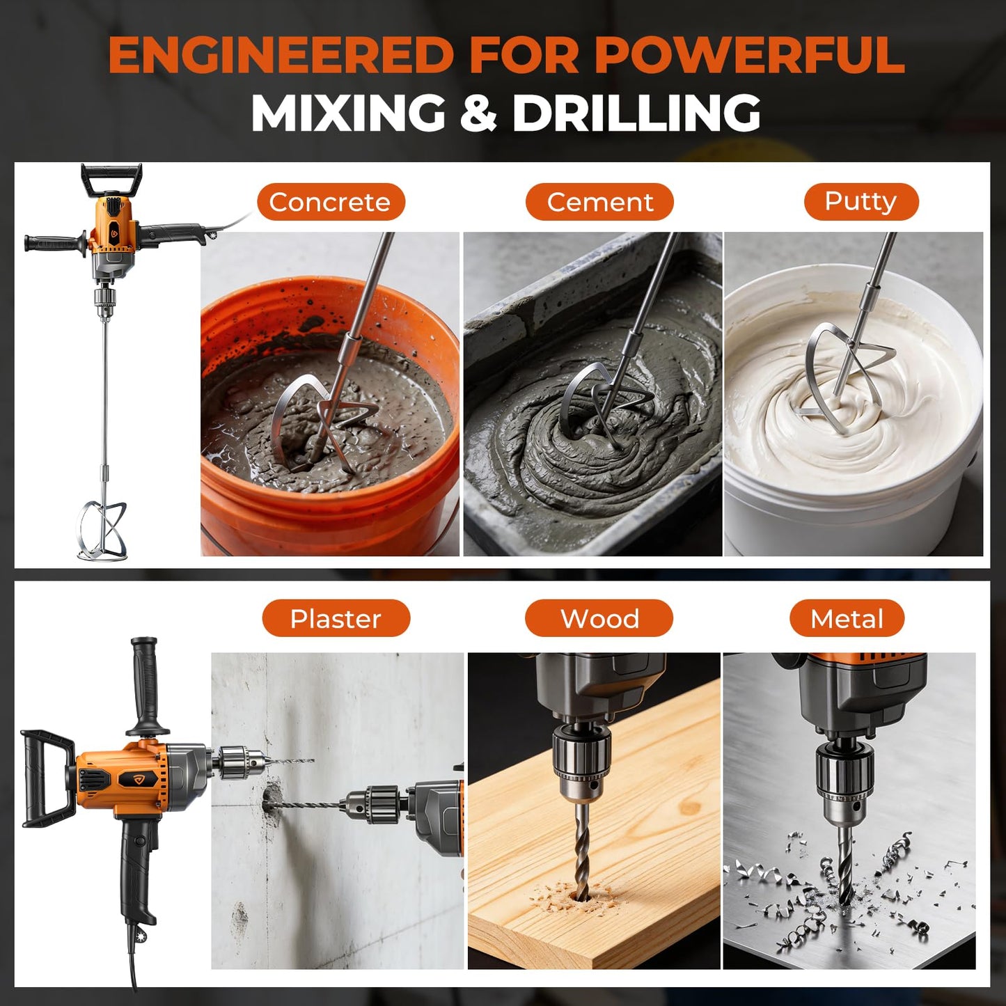 GEARPASS Drill Mixer Set, 20 Amp Corded Mixing Drill with 5/8" All-Metal Chuck, 1100 RPM Heavy Duty Concrete Mud Mixer with 360° Adjustable D-Handle for Cement Mortar Paint Grout Plaster Thinset
