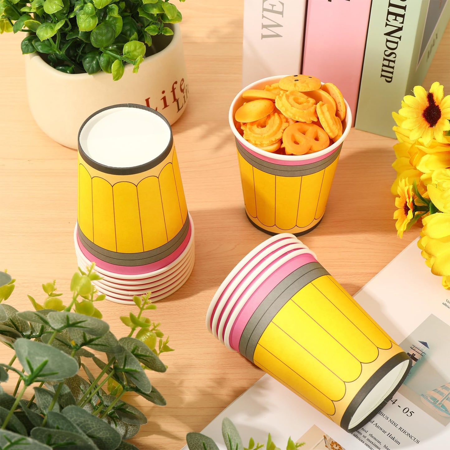 Whaline 50Pcs Back to School Paper Cups 9 Oz Yellow Pencil Design Disposable Cups for Coffee Tea Snacks Classroom First Day of School Party Supplies