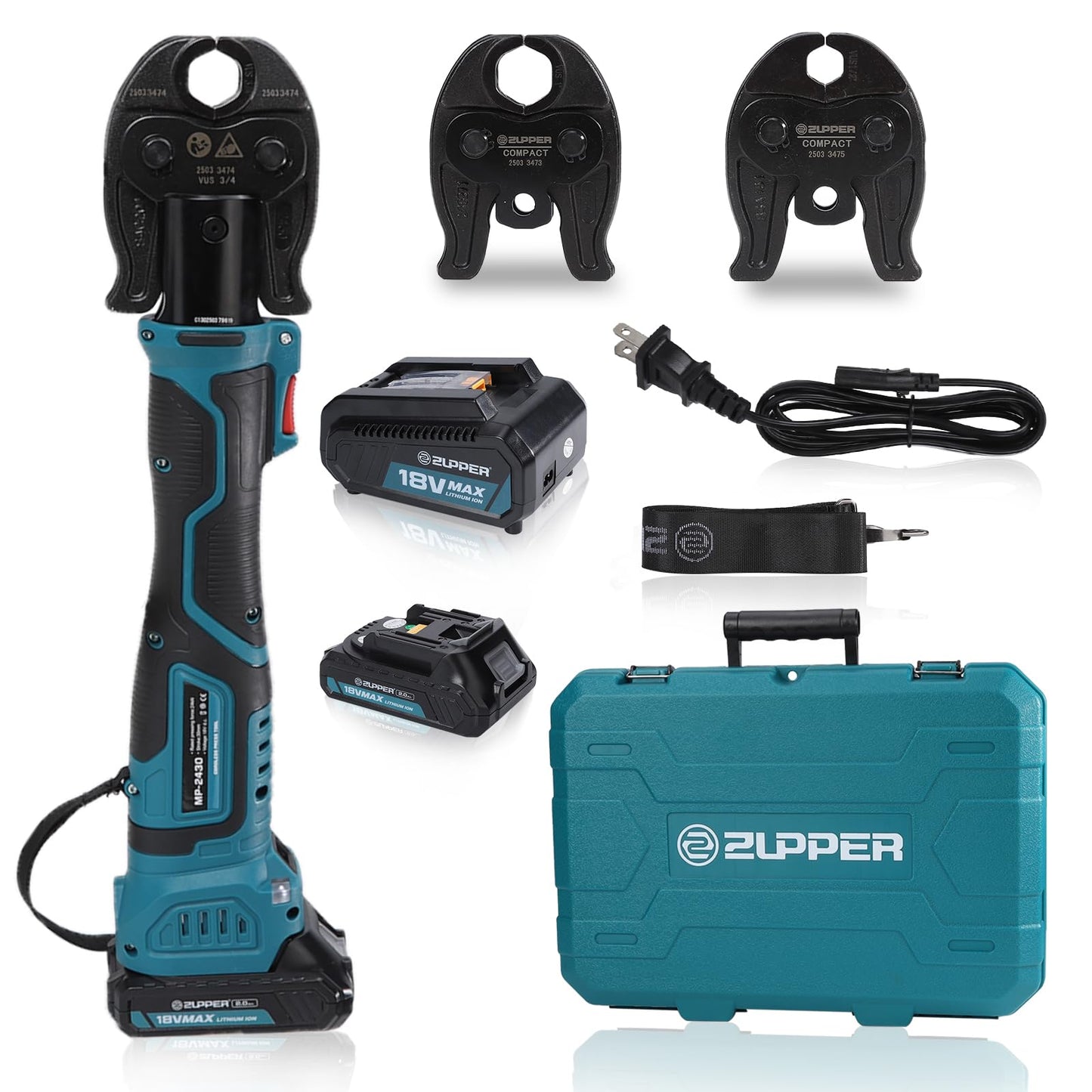ZUPPER Compact Press Tool Kit,18V Electric Pipe Crimping Tool for 1/2", 3/4", 1" Copper Pipes Brushless Motor Compatible with Propress 2pcs 2Ah Battery
