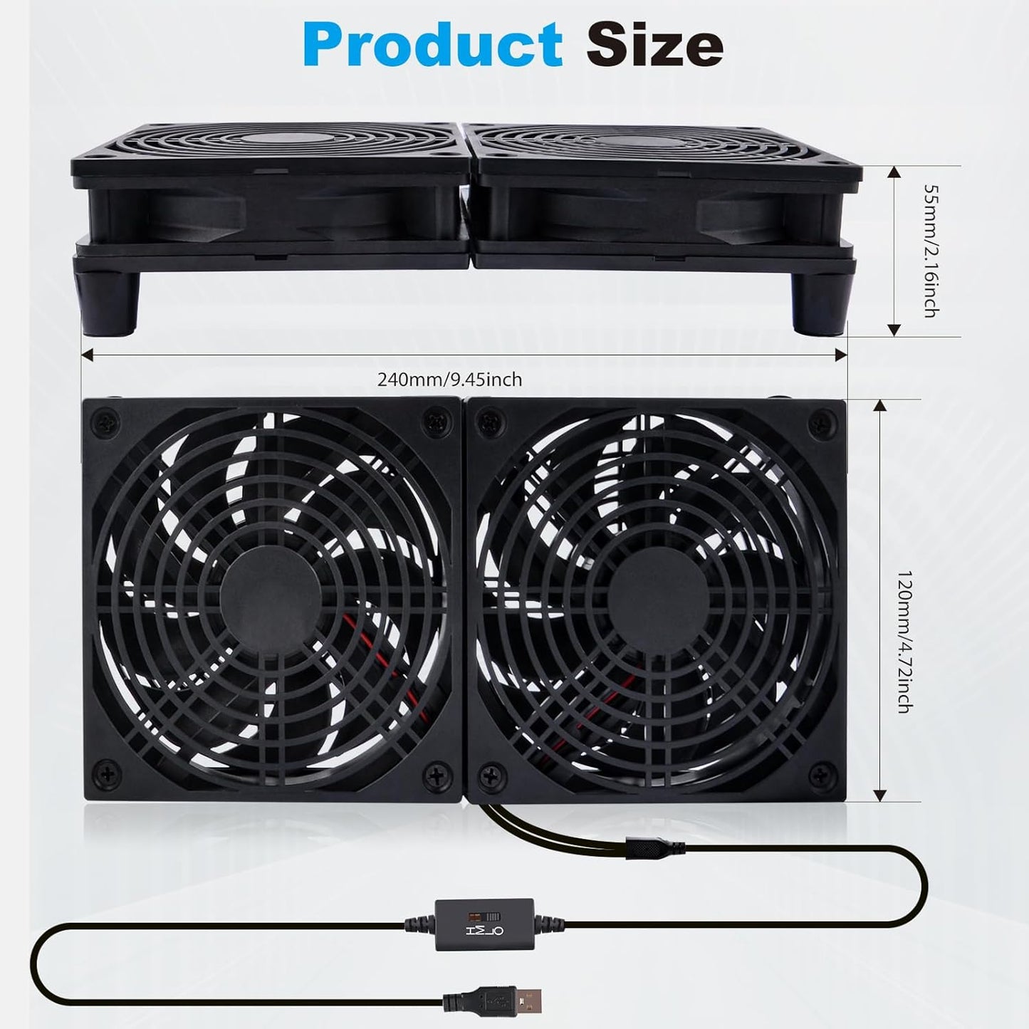 120mm 5V, 3-Degree Quiet Dual USB Fan Dual-Ball Bearings, USB Fan with L/M/H Speed Controller High Airflow Cooling Fan