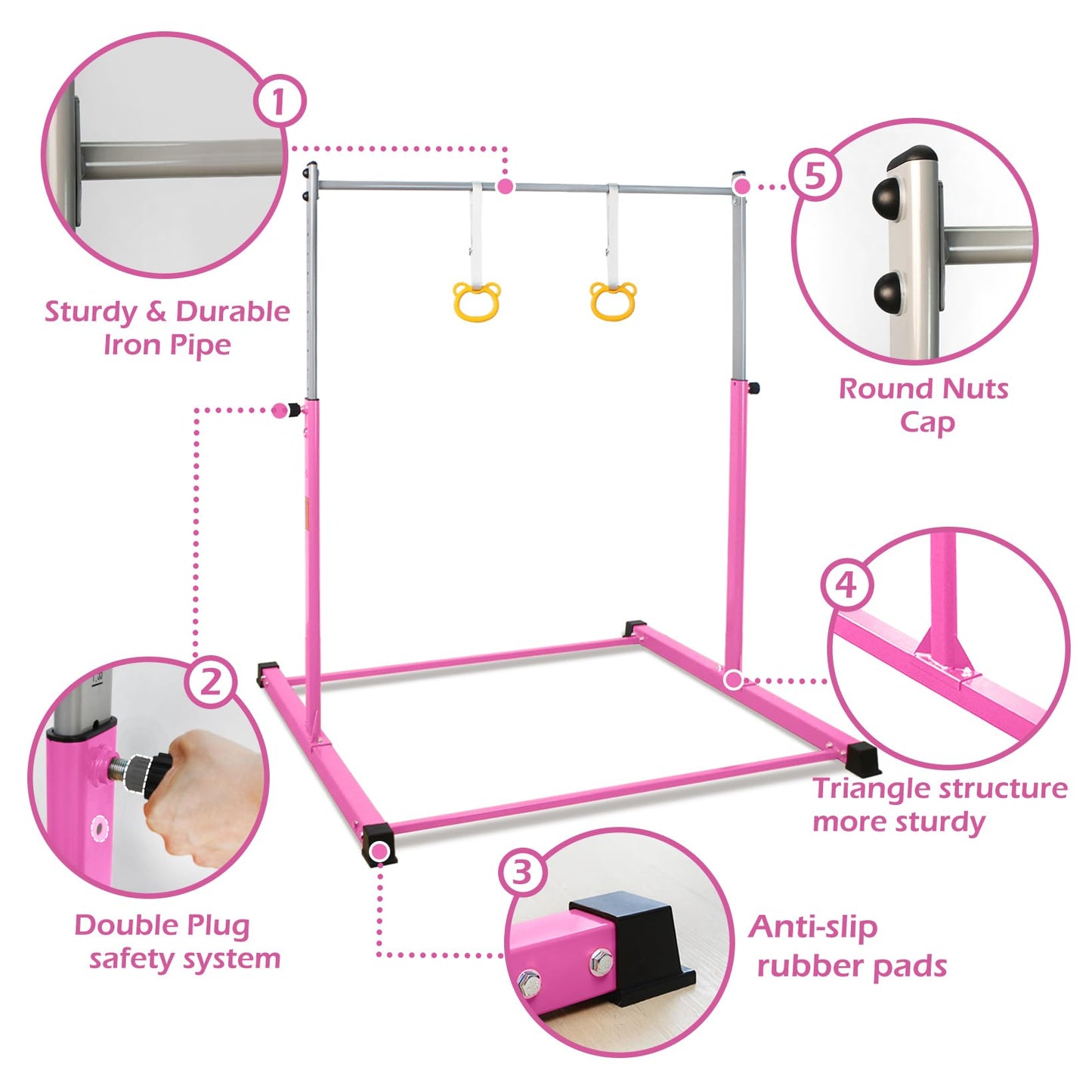 DINOFITNESS Gymnastics Bar for Kids,11 Levels Adjustable Height Gymnastics Equipment for Home,Thickened Upright Tube Gymnastic Horizontal Bars,No Wobble Gymnastics bar for Kids Ages 3-16 (Pink)