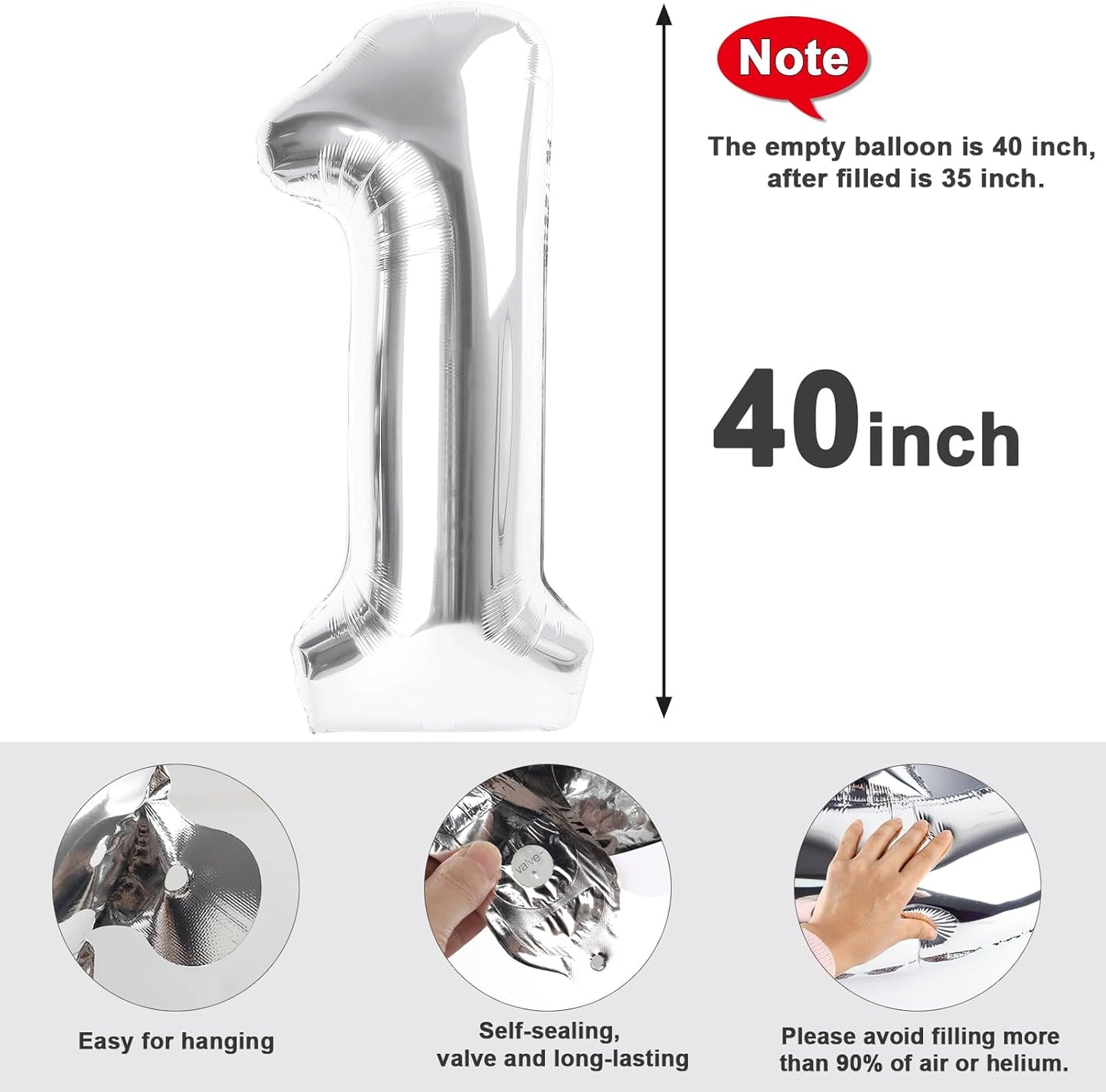 Number Balloons - 40 Inch Silver 1 Balloon for 1st Birthday Party Decorations & Baby Showers