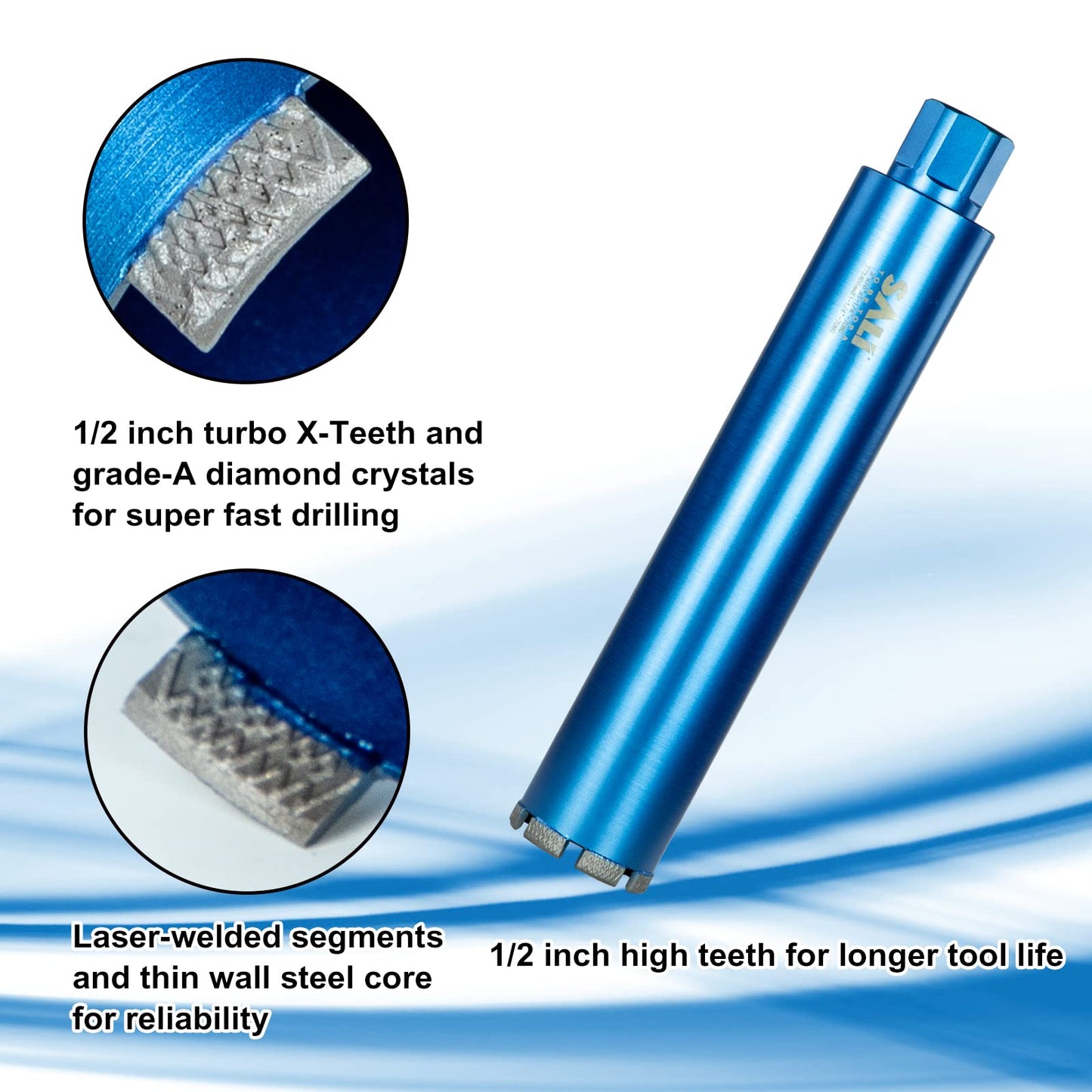 SALI Wet Diamond Core Drill Bits 9"/229mm Diameter, 15"/380mm Drilling Depth Concrete Core Drill Bit, 1-1/4-7" Thread Core Bit Turbo Laser-Welded Segments with Rebar, Brick, Block, Masonry, Stone