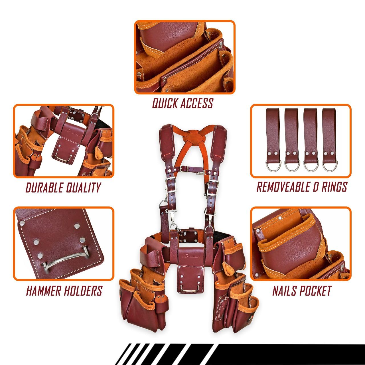 Leather PRO-19 100% Genuine Full Grain Leather Tool Belt/Pouch/Bag, Tool Belt with Suspenders, Comfort Back Support Tool Pouches with Suspenders for Construction,Framers, (Maroon)