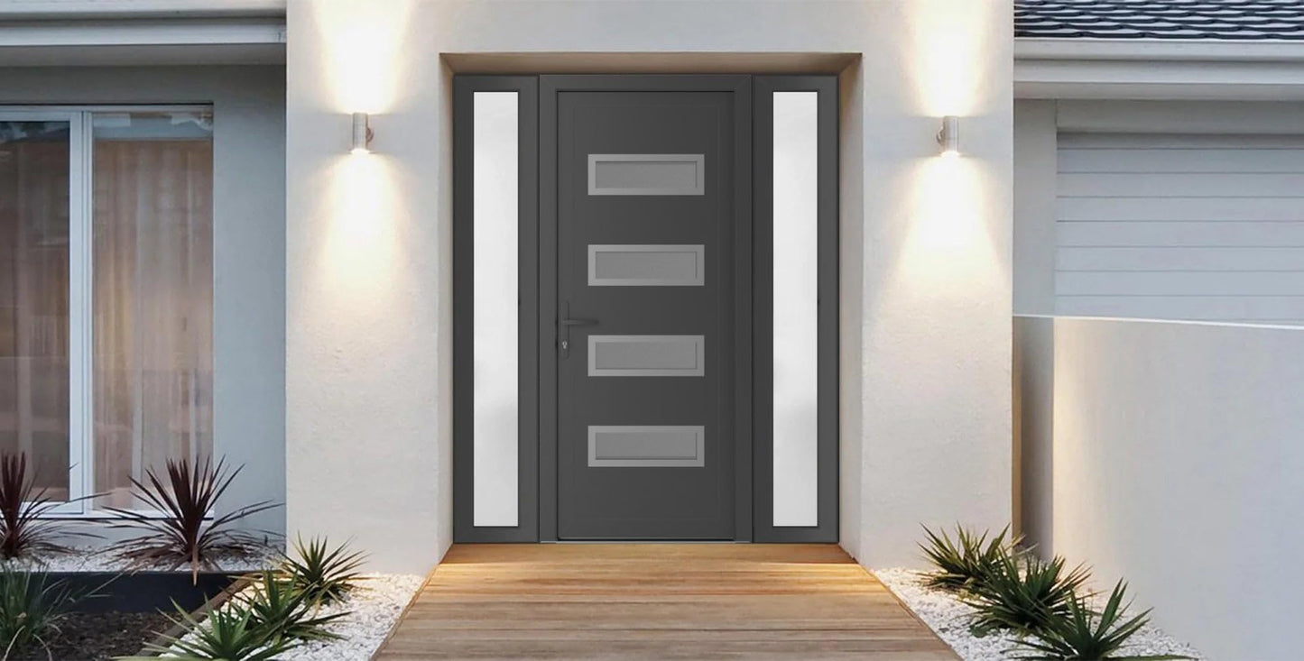 VDOMDOORS Front Exterior Prehung Metal-Plastic Door Frosted Glass | Manux 8113 Antracite Grey | 2 Side Sidelite Transoms | Doors Entrance Patio Garage 60 x 80 (W12+36+12 x H80) Right-Inswing