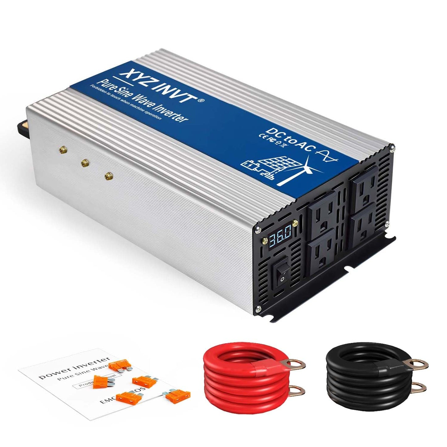 XYZ INVT 2000W Pure Sine Wave Inverter DC 12V to AC 110V 120V, 3600W Peak Power Inverter with 4 AC Outlets and LED Display for Car, Truck, Solar, Home Off Grid Over 90% Efficiency