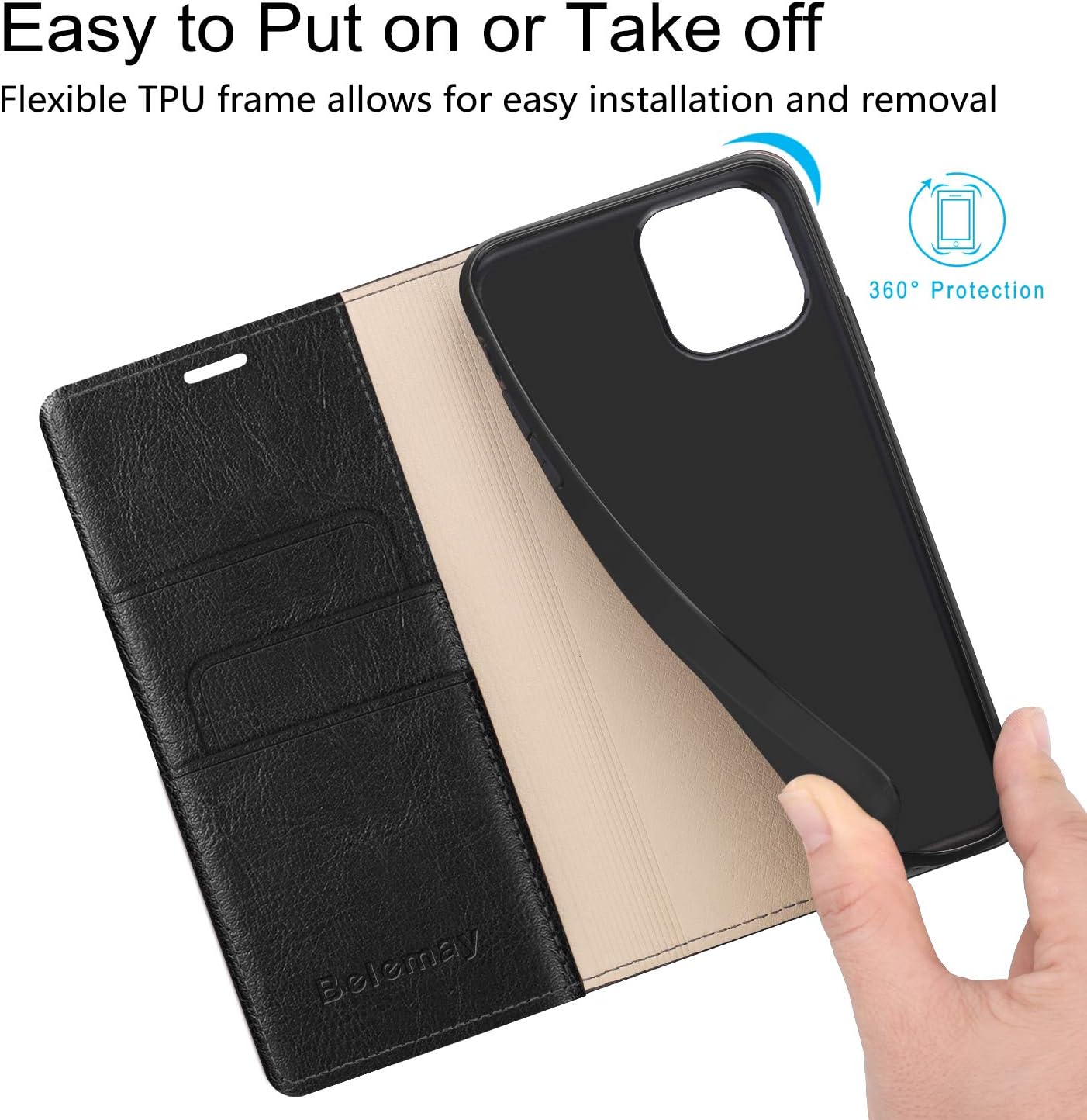 Belemay 15 (6.1-inch) Case Compatible with iPhone Wallet Case-Genuine Leather-RFID Blocking Card Holders-Shockproof TPU