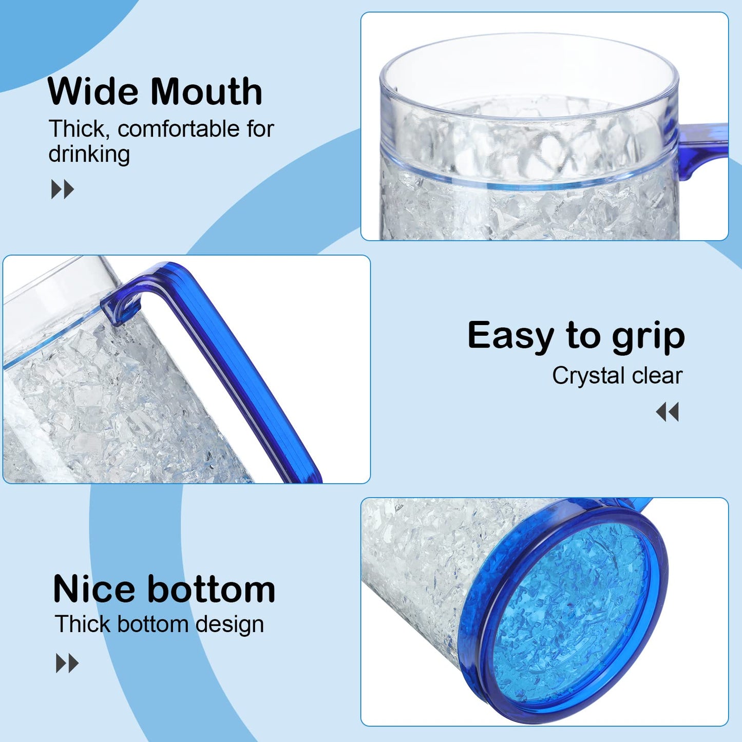 Eccliy 4 Pcs Beer Mugs for Freezer with Gel, 16 oz Double Wall Insulated Plastic Beer Glasses Cups with Handles, Frozen Ice Mugs for Drinks BBQ Men Summer Pool Game Parties