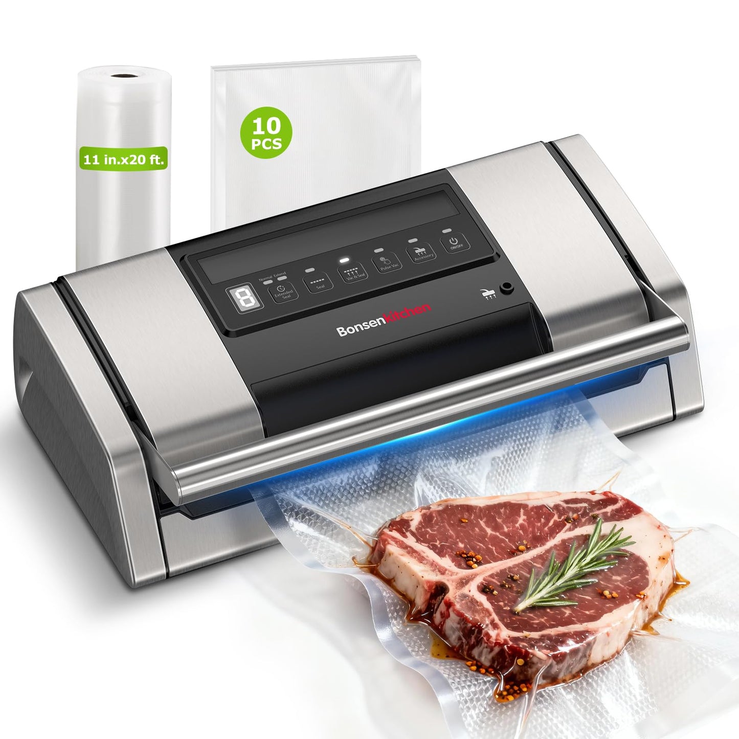Bonsenkitchen Vacuum Sealer for Food, Easy-Lock Handle Vacuum Sealer Machine with Bag Clip, Built-in Cutter and Bag Storage for Sous Vide and Meal Prep, 1 Roll Bag & 10 Pre-Cut Bags, Silver