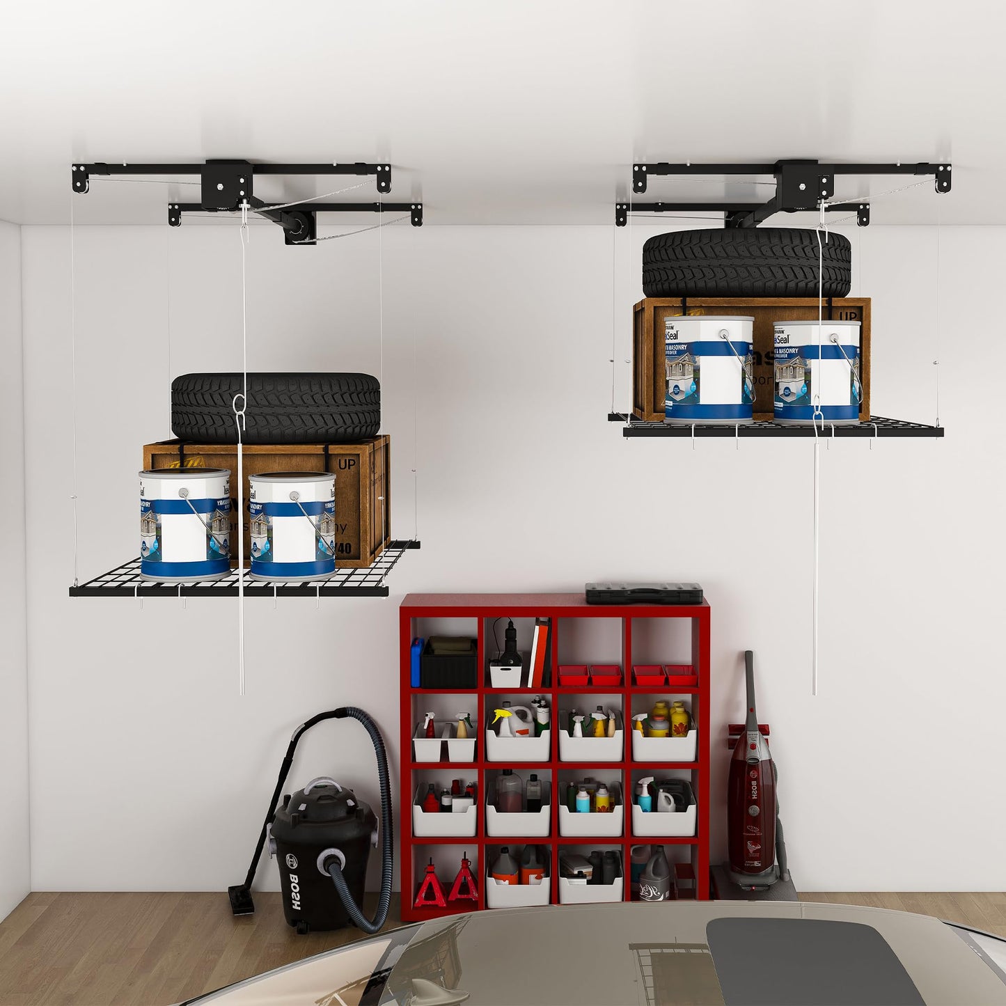 Leavader Manual Garage Storage Lift 4x4 FT for 10-12 ft Ceilings, Crank Down Overhead Storage Rack with Safety Lock, Heavy Duty Steel Garage Ceiling Storage System, 250LBS Capacity