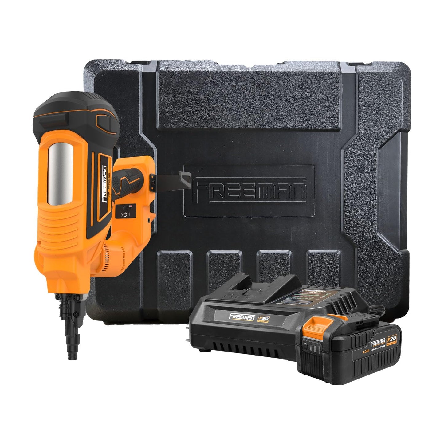 Freeman PE20VCNPN 20 Volt Cordless and Brushless 3" Single Pin Concrete Nailer Kit with Lithium Ion Battery, Charger, and Case – 750 Shots per Charge