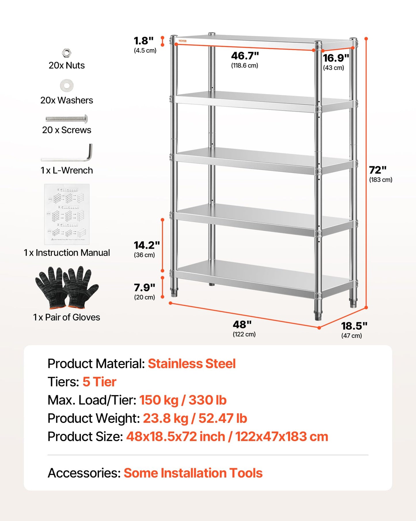 VEVOR Stainless Steel Shelving 48x18.5 Inch 5 Tier Adjustable Shelf Storage Unit Stainless Steel Heavy Duty Shelving for Kitchen Commercial Office Garage Storage 330lb Per Shelf