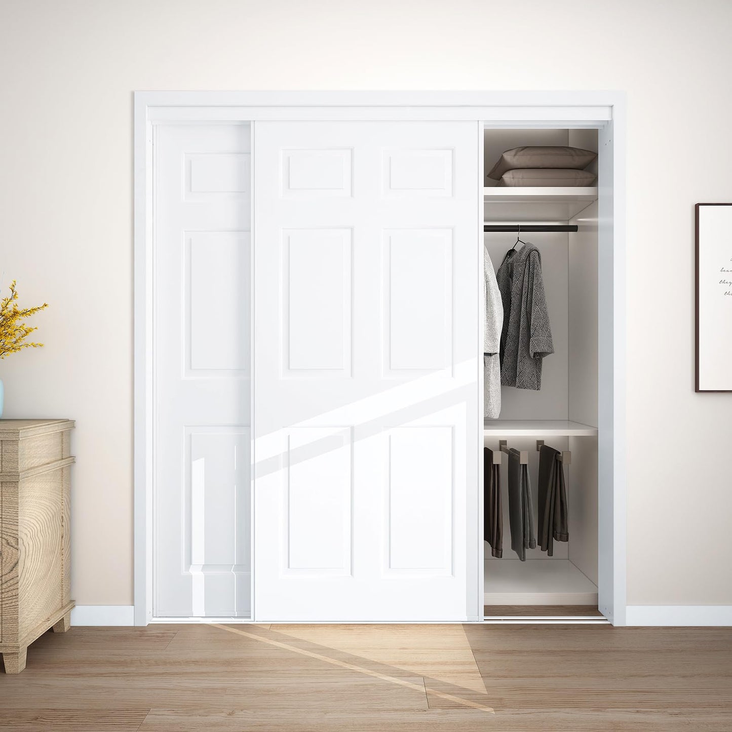 JUBEST Sliding Closet Door 72"(Double 37") x80", 6-Panel Steel Frame Bypass Primed Door with Top & Bottom Track Kits, Preassembled Hardboard Panels with Paintable Surface, Durable & Sturdy