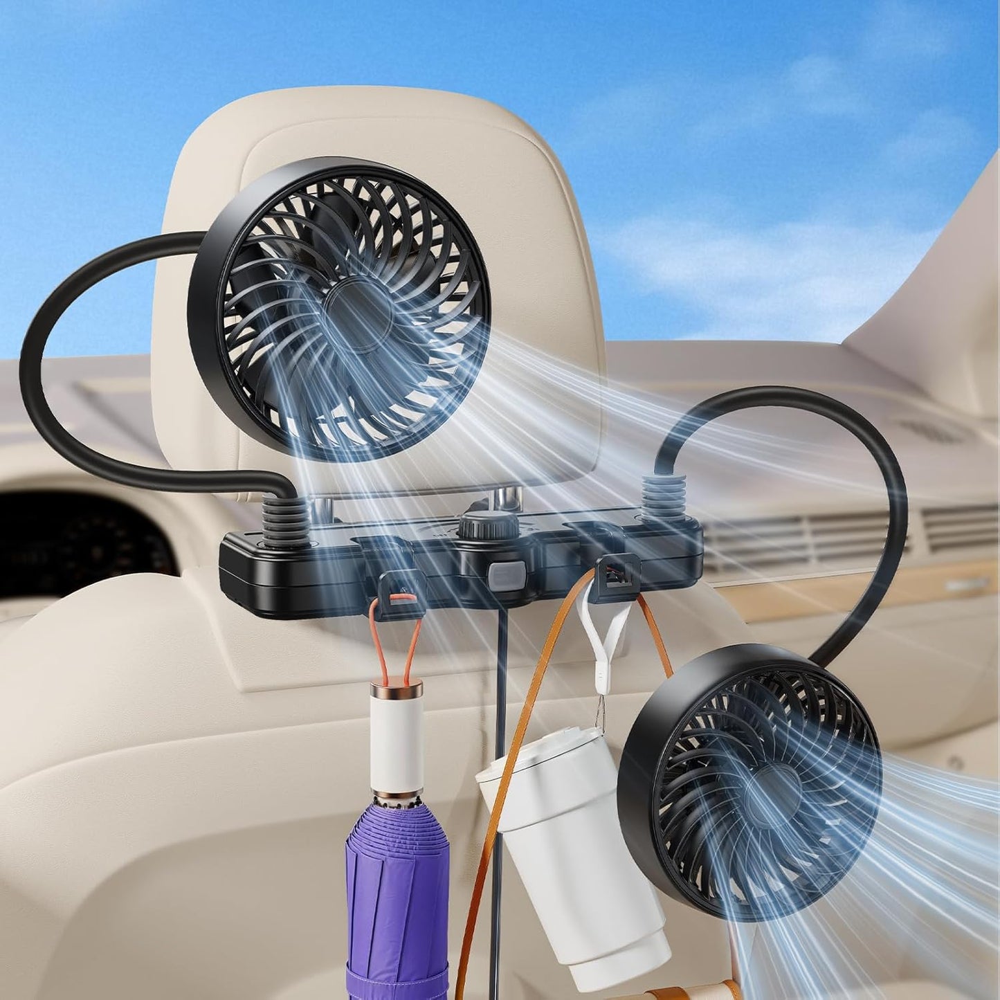 360 2 Dual Hose USB Fan for Car SUV RV Pickup Vehicle Headrest, Car Seat Fan for Baby Kids Rear Facing - Quiet Stepless