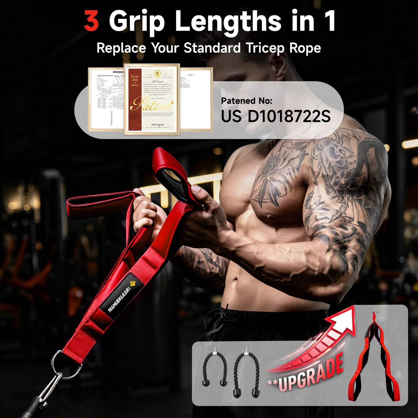 MANUEKLEAR Tricep Rope Cable Attachment Handles, Greater Range of Motion, Tricep Pull Down Rope for Push Downs, Crunches, Facepulls for Professional Gym (Red)