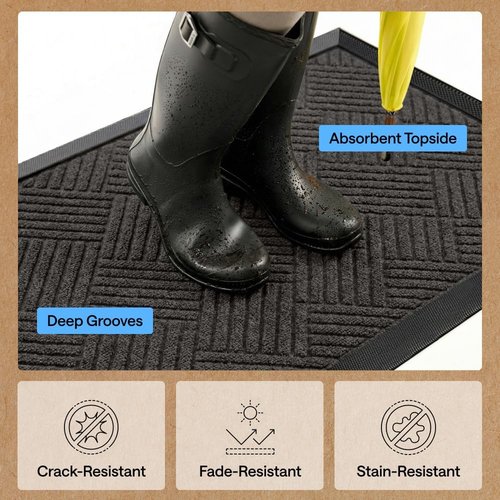 GORILLA GRIP 100% Waterproof Doormat - All-Season WeatherMAX, Stain & Fade Resistant, 29x17 Gray Diamond