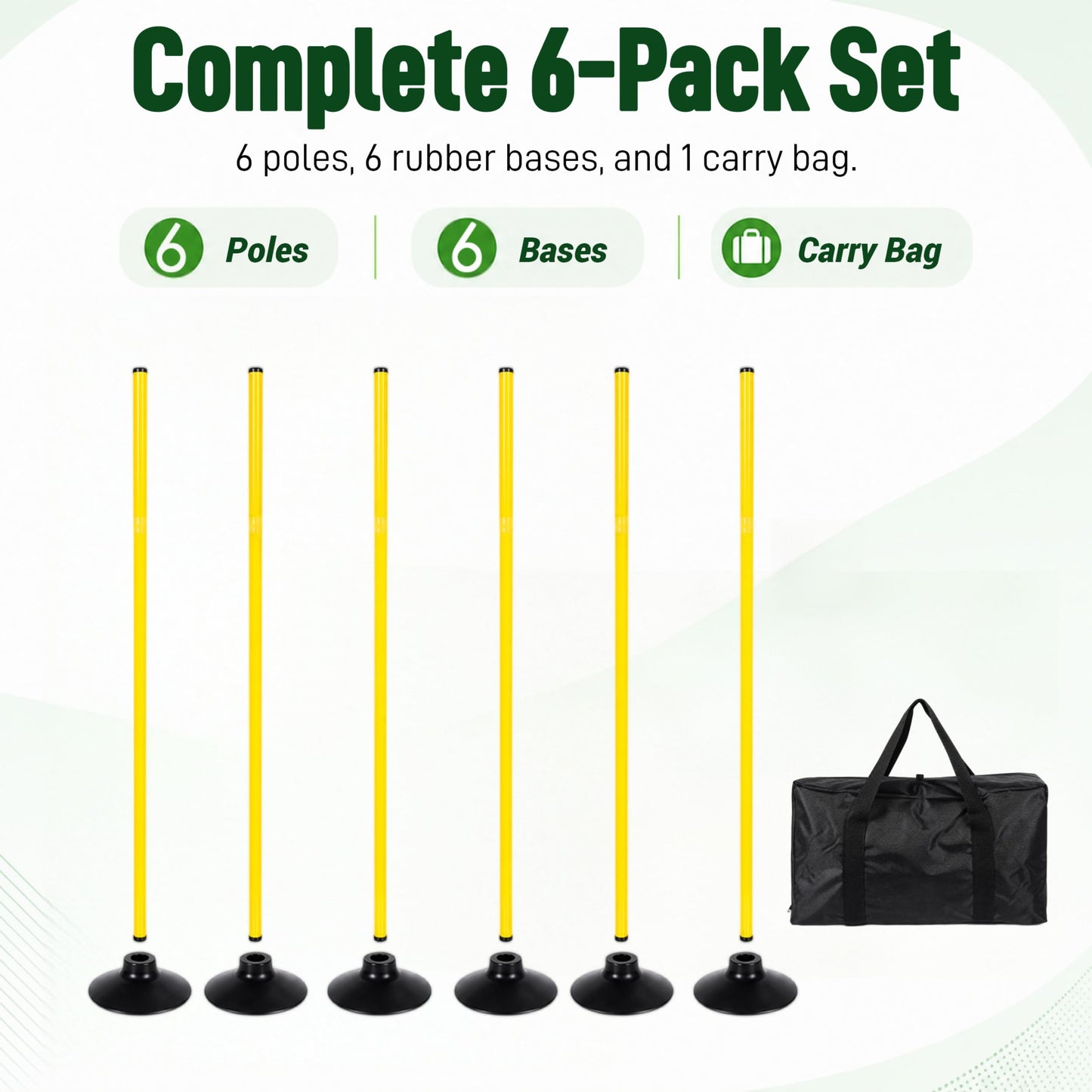 6 Pack Soccer Agility Training Poles, 5 FT Adjustable Speed and Agility Training Equipment for Football/Basketball/ Dog Practice, Bending Poles for Horses with Rubber Bases and Carry Bag (Yellow)