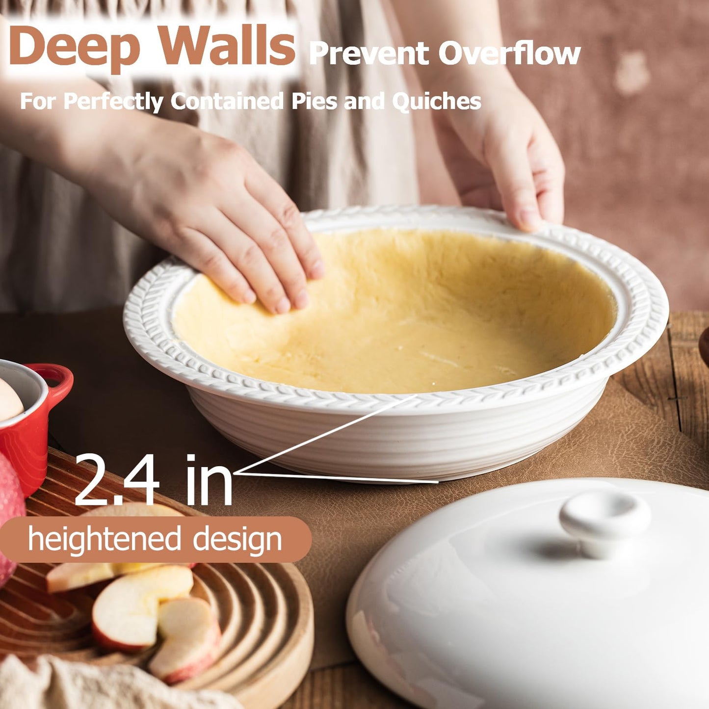 Cormomu Deep Dish Pie Pan with Lid, 11 inch Ceramic Pie Dish, Round Baking Dish for Apple, Quiche, Pot Pies, Tart, etc, Microwave, Dishwasher, and Oven Safe
