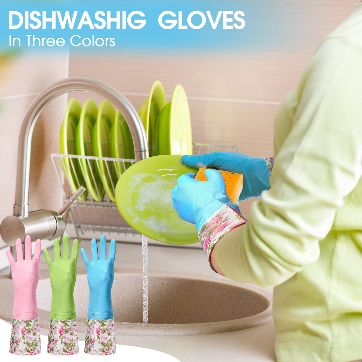 Mimorou 9 Pairs Household Dishwashing Rubber Gloves Long Cuff and Flock Lining Cleaning Gloves Reusable Waterproof