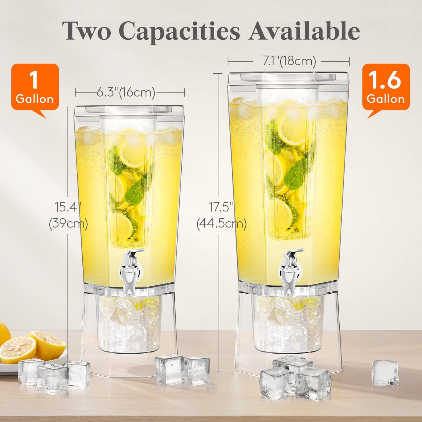 Lifewit 1.6 Gallon Drink Dispenser for Parties 2 Pcs, Large Plastic Beverage Container for Juice/Tea/Soda with Stand & Ice Core, Clear Lemonade Dispenser with Spigot, BPA Free Water Pitcher for Fridge