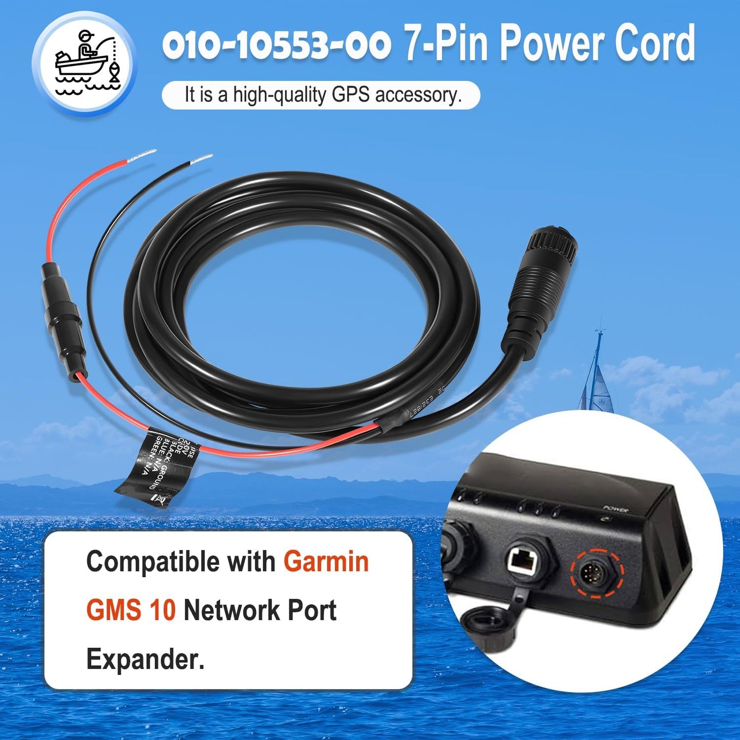 johntruck 010-10553-00 7-Pin 10 Power Cable, Power Cord Fit for Garmin GMS Network Port Expander, Waterproof/Stable