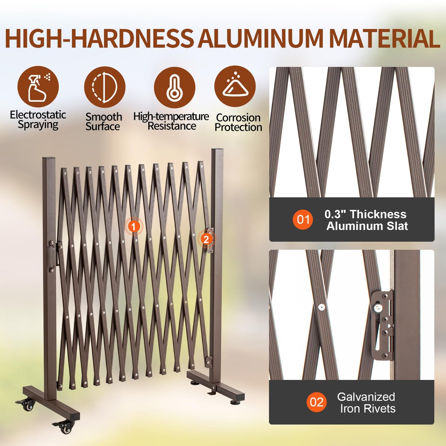 TECSPACE Aluminum Expandable Garden Fence, Portable Barricade Gate with Casters, Expansion Size 126×15.2×40.6 inches, Adjustable Flexible Fence Mobile Barricade Safety Barrier