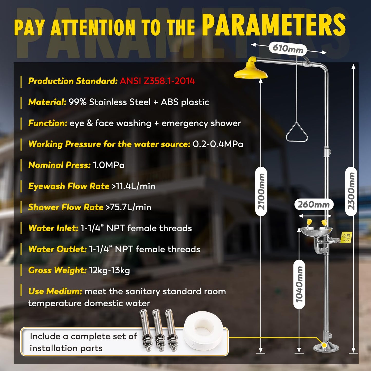 CGOLDENWALL Emergency Shower Eye Wash Station Combination Eye Wash Station with Shower Safty Shower, NPT Thread, with Emergency Sign, 304 Stainless Steel Bowl