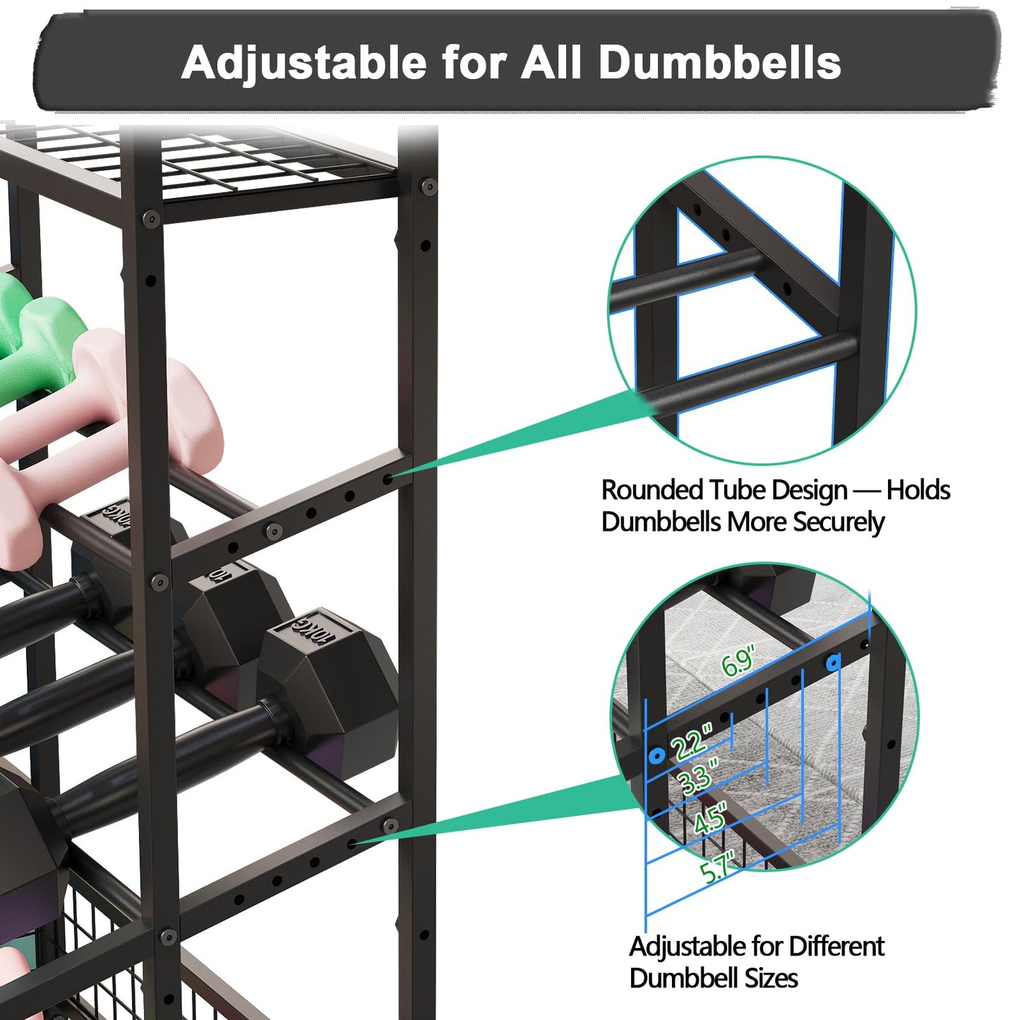 3-Tier Dumbbell Rack Stand Only - Adjustable Weight Rack for Home Gym, Heavy-Duty Weight Stand With Hooks for Dumbbells Kettlebells Foam Roller Yoga Mats Workout Equipment Storage Organizer
