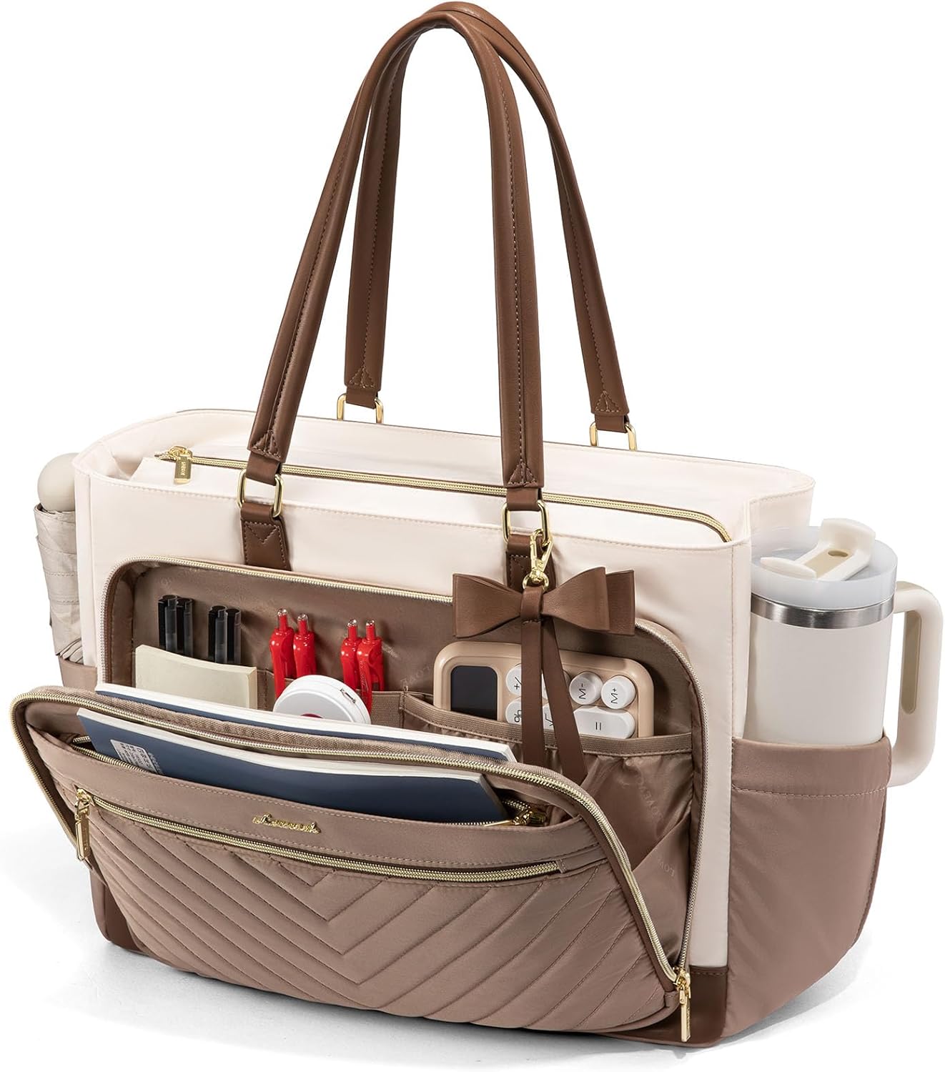 LOVEVOOK 15.6 Inch Laptop Tote Bag for Women, Work Bag Teacher Tote with Large Cup Holder, Quilted Nurse Diaper Bag