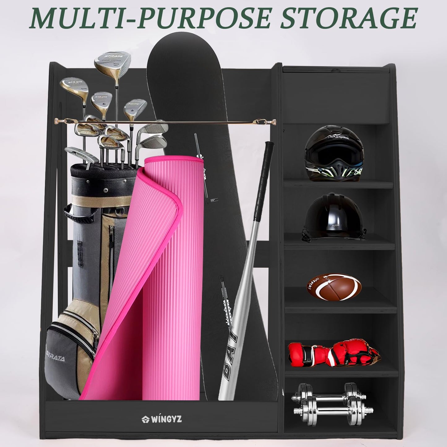 WINGYZ Premium Birch Plywood Golf Bag Storage for 2 Bags | 36lb Rock-Solid Golf Bag Organizer | 7-Shelf Command Center | Artificial Turf 12-Ball Display | No Wall Mounting Required (Black)