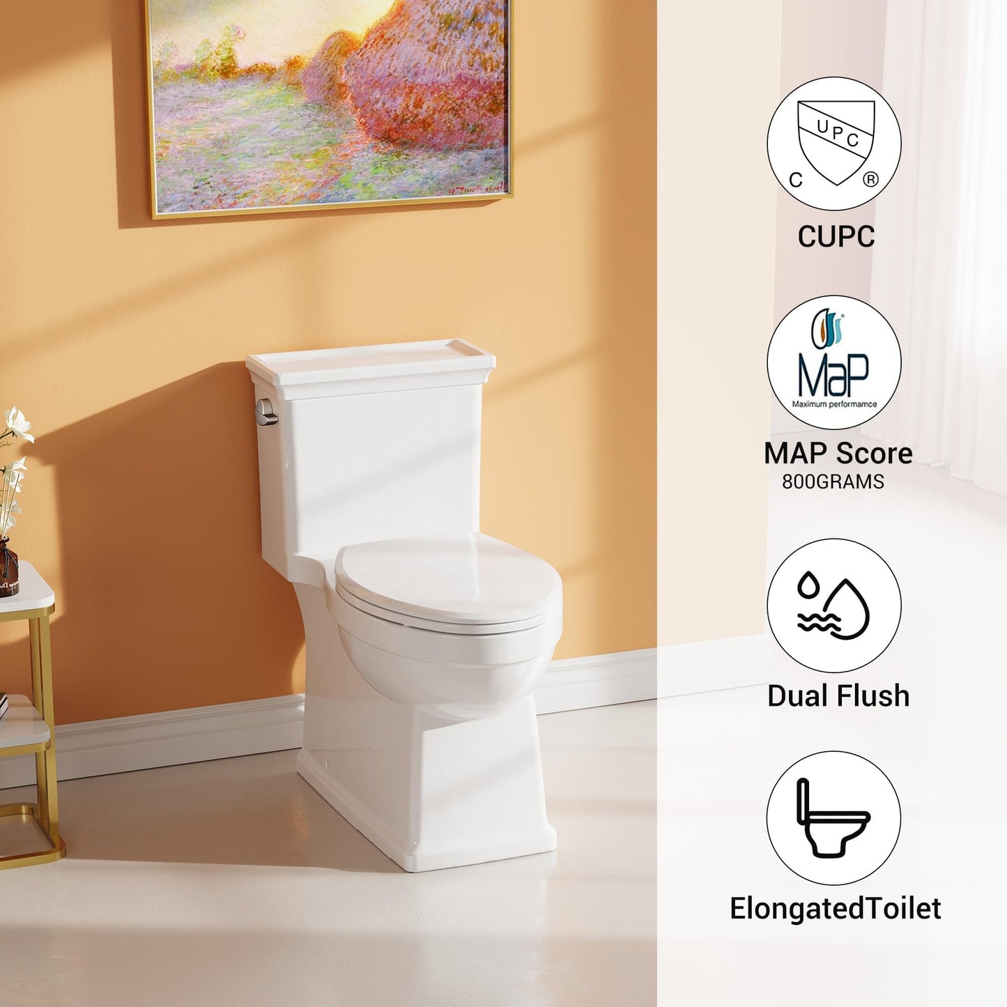 One-Piece Toilet with Elongated Bowl, 1.28 GPF Water-Saving Single Flush, 12-Inch Rough-in, Soft-Close Seat, Left-Hand Lever, Comfortable Height, Bathroom Fixture