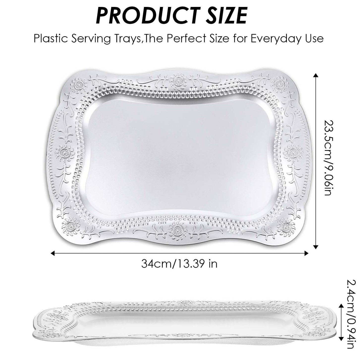 10 Pcs Plastic Serving Trays Rectangle Platters for Dessert Display Tray for Decoration Embossed Serving Platter Dish for Parties, Weddings, Engagements, Birthdays (13" x 9",Silver)