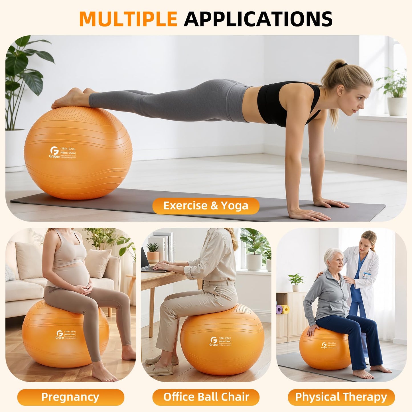 Gruper Yoga Ball, Extra Thick Non Slip Exercise Ball for Workout, Birthing, Balance, Stability, Pregnancy, 4 Sizes Anti Burst Chair for Home and Office, Includes Quick Pump & Fitness Guide