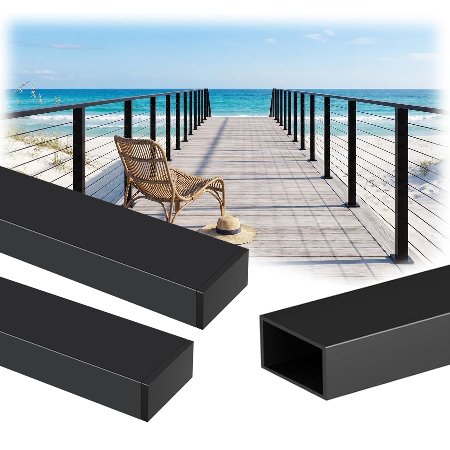 Zylorix 3Pack Modular 12FT Aluminum Black Handrail for Lake House Deck Railing, 2.36" W X 1.18" H Cuttable Rectangular Flat Top Hand Rail for DIY Outdoor Deck Stair Cable Railing(Screws Included)
