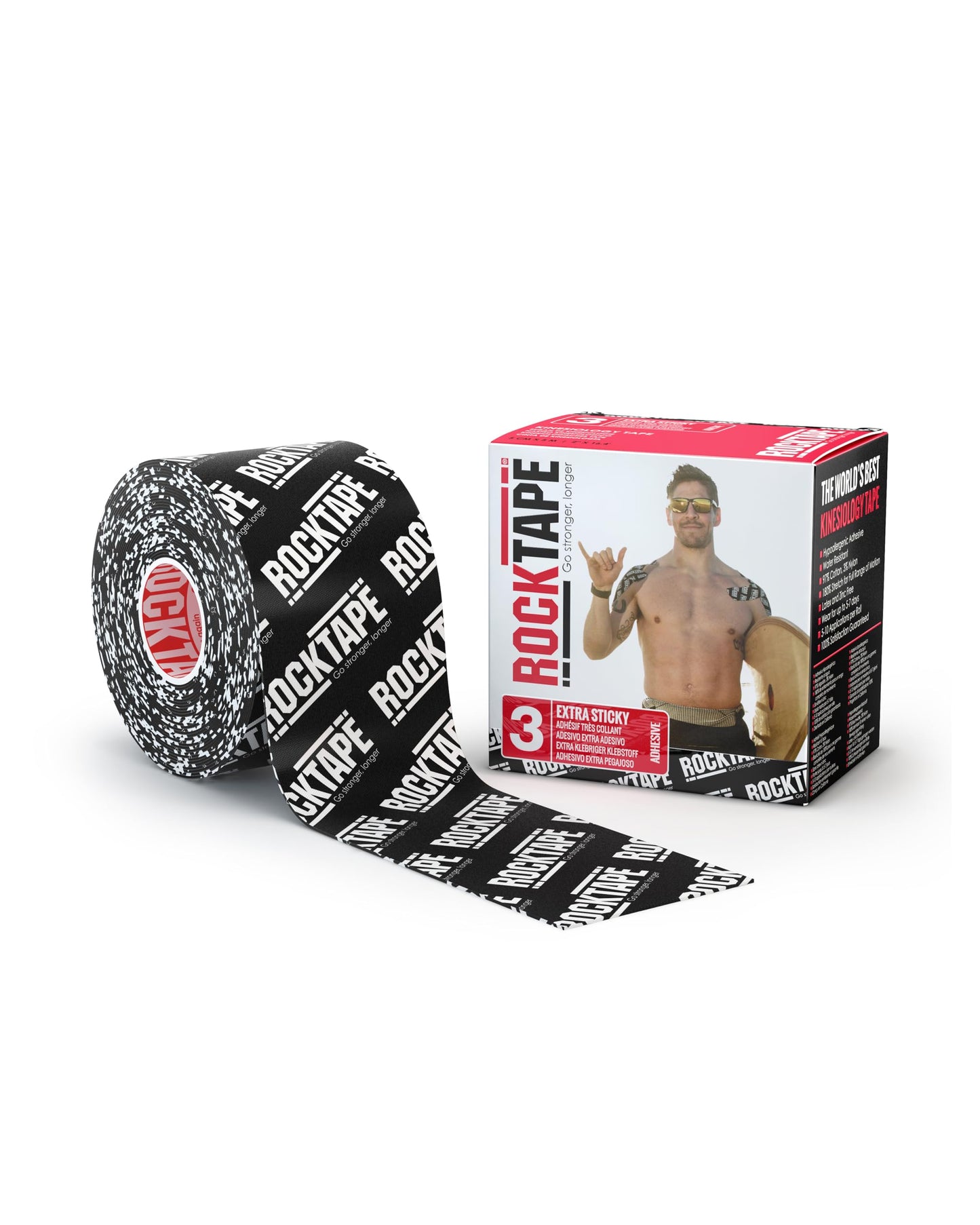 RockTape Extra Sticky 2" x 16.4' Kinesiology Tape (Logo,Black), Athletic Tape for Muscle Pain Relief, Injury Recovery, Microscopic Skin Lifting & Decompression, Sweat & Water Resistant, Hypoallergenic