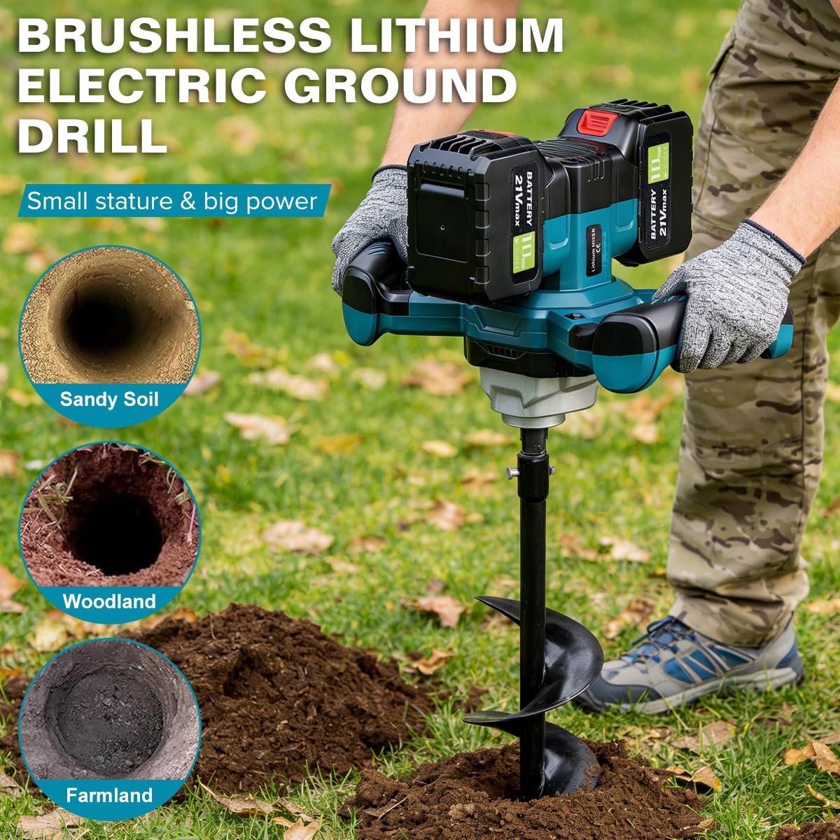 Post Hole Digger,Cordless Earth Auger,Electric Earth Auger,Includes 1twist drill bit with two batteries and one charger,With forward/reverse function，for Post Hole Digging, Drilling,Tree PlantingPlant