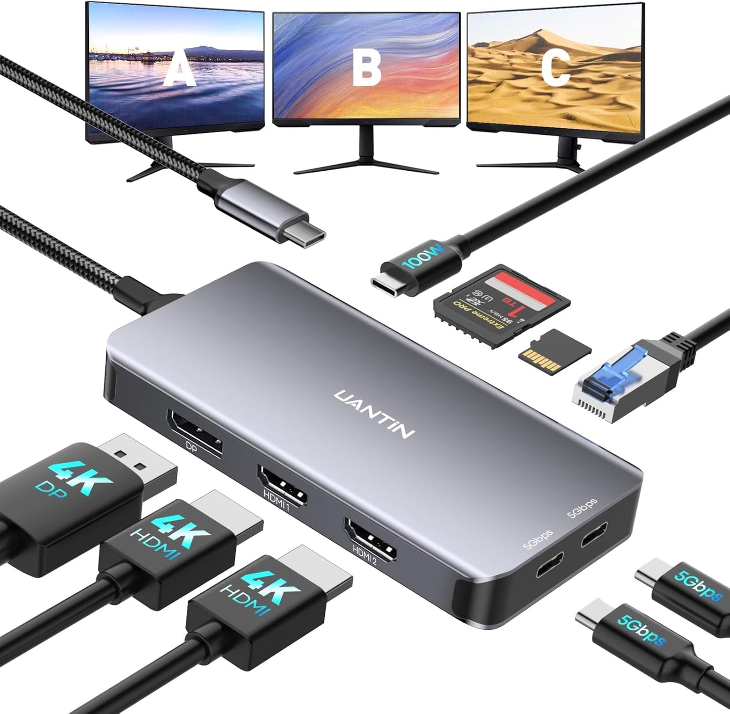 UANTIN 3 4K 60Hz 2 1Gbps 100W 2 USB C Docking Station Dual Monitor, Laptop Docking Station Monitors Triple Display