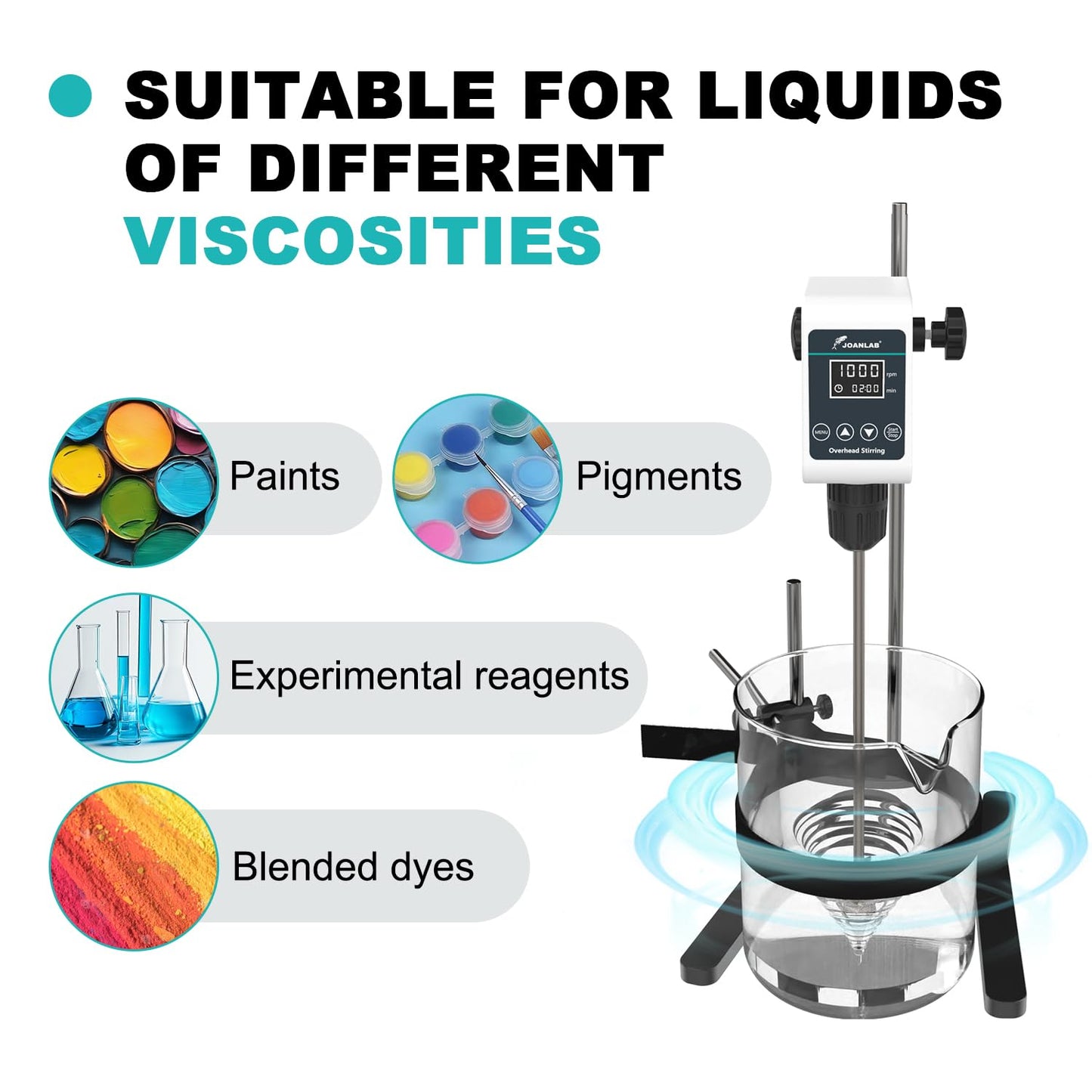 JOANLAB Digital Overhead Stirrer Mixer Set 10L Capacity Max viscosity10,000mPas, Lab Mixer Stirrer 100-1200rpm Lab Overhead Mixer with Support Stand&Two Stirring Rods