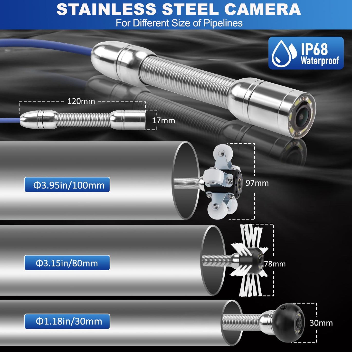 7" Sewer Camera w/DVR Function,HD 1080P Screen Plumbing Drain Pipe Inspection Cam, Industrial Borescope Camera w/light,4x Zoom,IP68 Waterproof, 32GB Card, for Sewer Line, Home,Duct Drain Pipe Plumbing