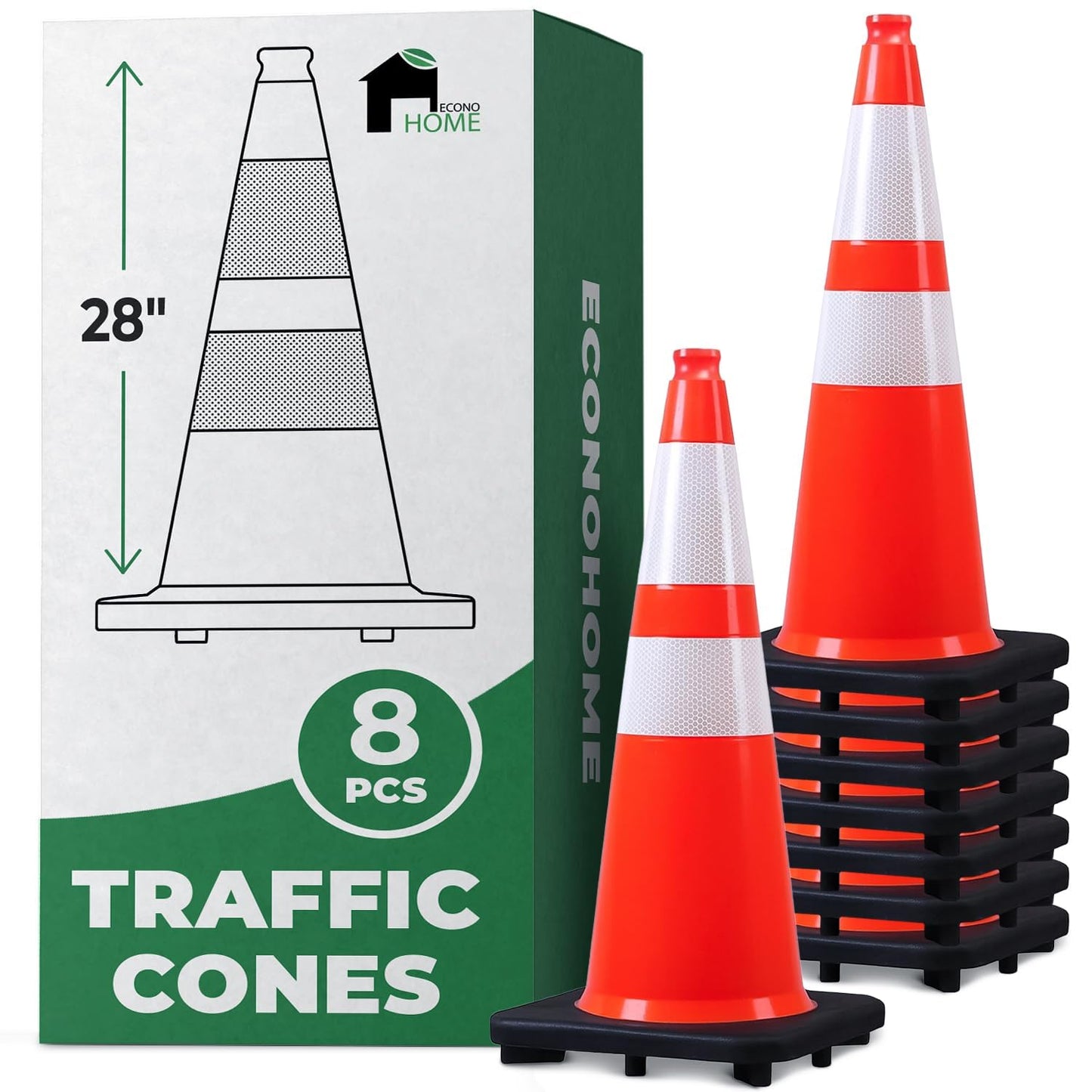 EconoHome Reflective Traffic Cones - 5.3 lbs Weighted Orange Safety Cones for Parking Lot, Traffic Control, Construction, Road Safety - Heavy Duty Square Base, Flexible PVC - 28-Inch Tall - 8-Pack