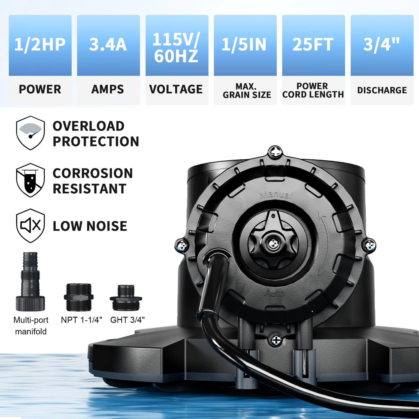 LANCHEZ 1/2HP Automatic Swimming Pool Cover Pump, 2250GPH Submersible Water Sump Pump with Check Valve & 3 Adapters, 25ft Power Cord, Removal for Swimming Pool, Hot Tubs, Rooftops and more,Black