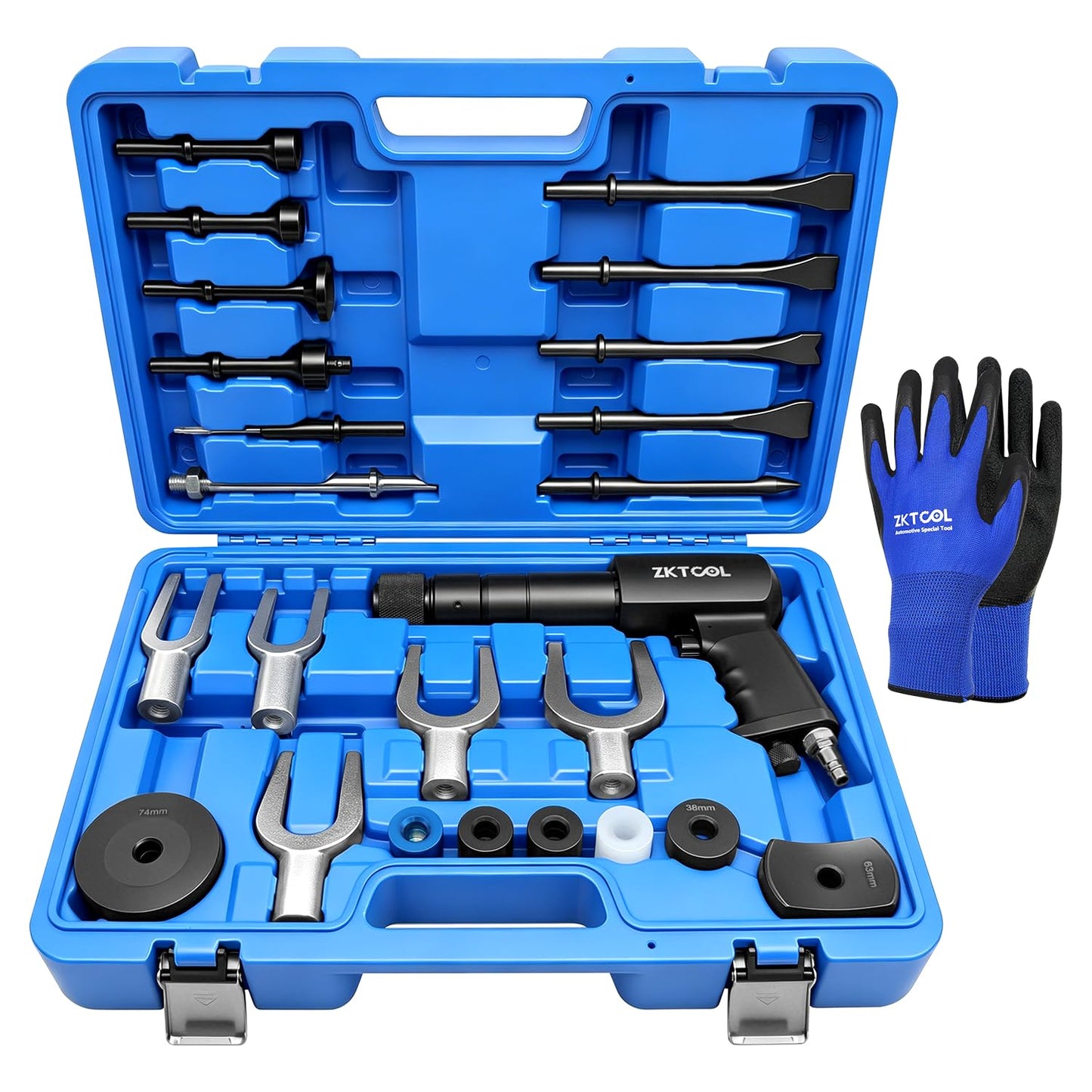 ZKTOOL 27PCS Air Hammer Kit - Functional Powerful Pneumatic Hammer Piece Chisel Set, 2500BPM Quick Change Retainer Air Hammer with Shovel Heads and Ball Joint Separator Set - Carrying Case & Gloves