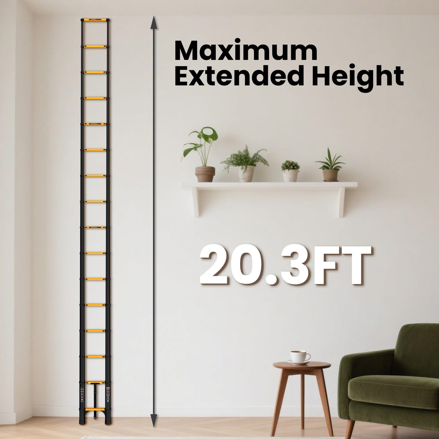 SINMEIRUN 20.3 FT Telescoping Ladder, Aluminum Extension Ladder, 330 lbs Load Capacity, Multi-Purpose Collapsible Ladder for Home and Work; Yellow