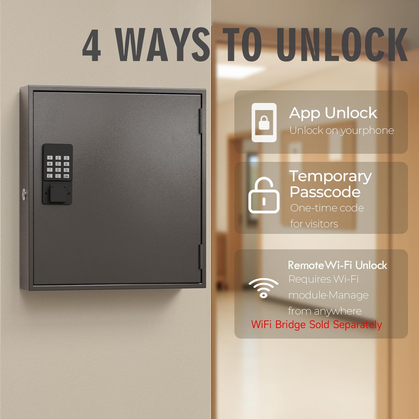 WeHere 120-Key Smart Key Lock Box – Wall Mounted Key Cabinet Organizer with App Access, One-Time Code, Bluetooth & WiFi Unlock (Sold Separately), Key Management System for School, Rental, Office