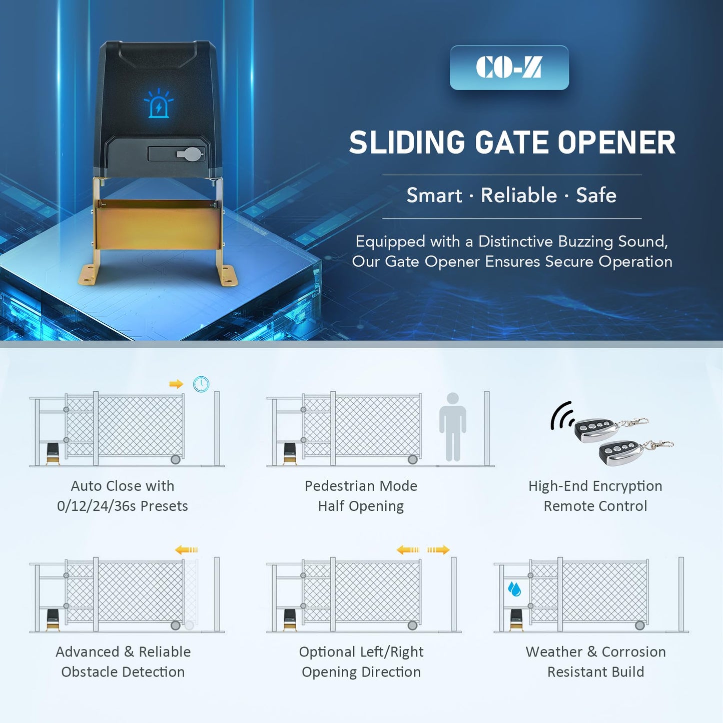 CO-Z Upgraded 3300lb Sliding Gate Opener, 550W Automatic Gate Opener with Safety Sensor for Doors up to 40ft, Chain Driven Driveway Gate Opening System, Complete Gate Opener Kit with Remote Control