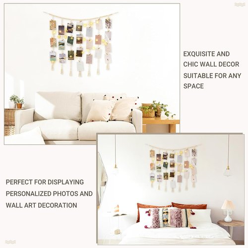 Mkono Macrame Photo Display Wall Decor - Boho String Lights & Wooden Beads | 45 Clip Collage Holder for Bedroom & Living Room