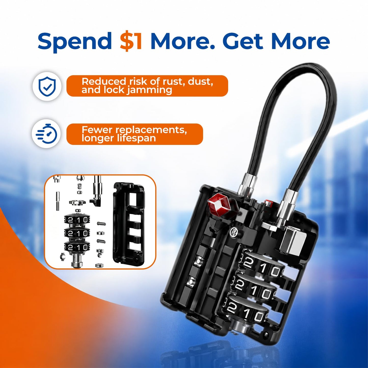 SURE LOCK TSA Approved Luggage Locks with Open Alert Indicator, 3 Digit Combination Cable Travel Lock for Suitcase, Backpack, Gym Locker, Toolbox & Travel Bag, 2 Pack Black